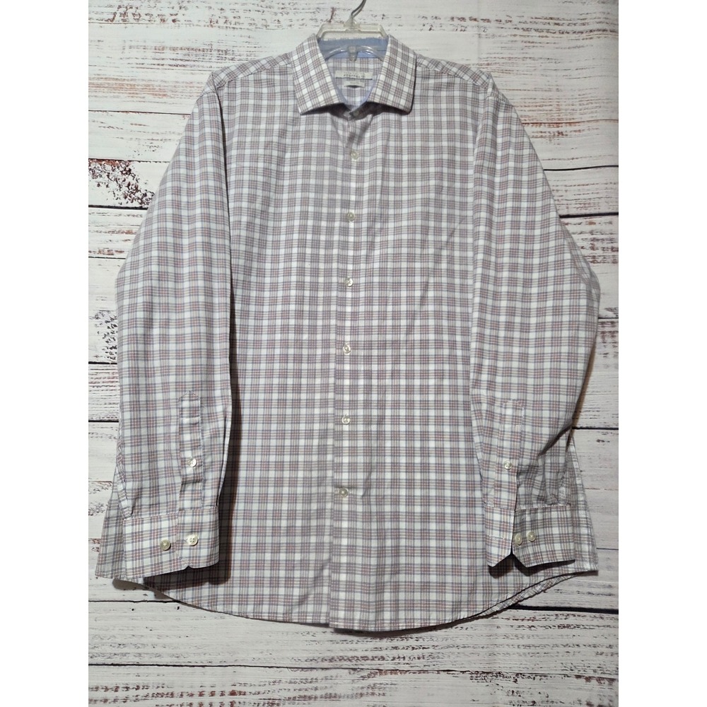 Perry Ellis Portfolio Mens 17.5 34/35 Slim Fit Plaid Dress Shirt Purple Blue